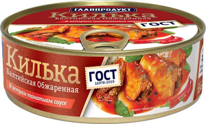 Килька балтийская обжаренная, в остром томатном соусе «Главпродукт», 230 г Килька балтийская обжаренная, в остром томатном соусе «Главпродукт», 230 г