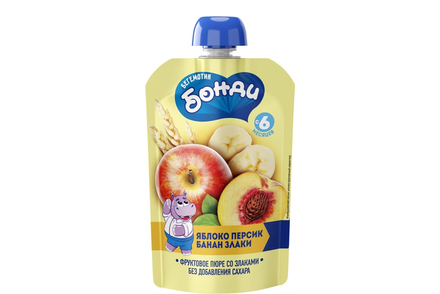 Пюре фруктовое «Яблоко, персик, банан, злаки» «Бегемотик Бонди», 90 г
