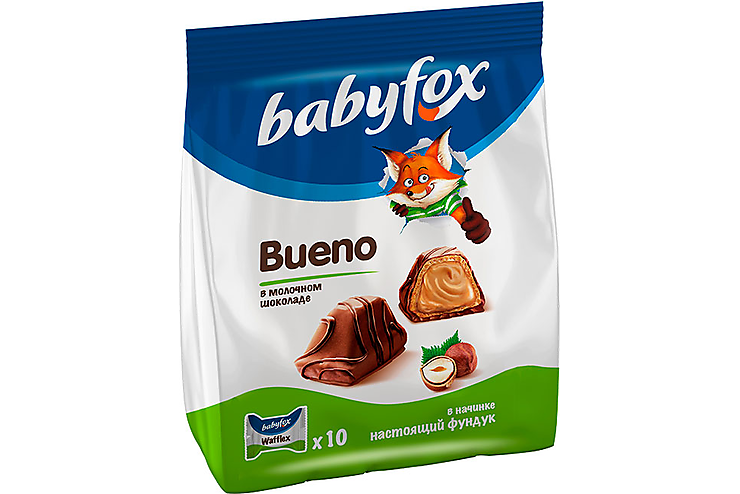 «Babyfox», конфеты вафельные bueno, 100 г. Конфета Babyfox bueno конфеты. Конфеты Baby Fox bueno (КДВ). Конфеты КДВ Babyfox bueno в мол. ШОК. 100г м/у.