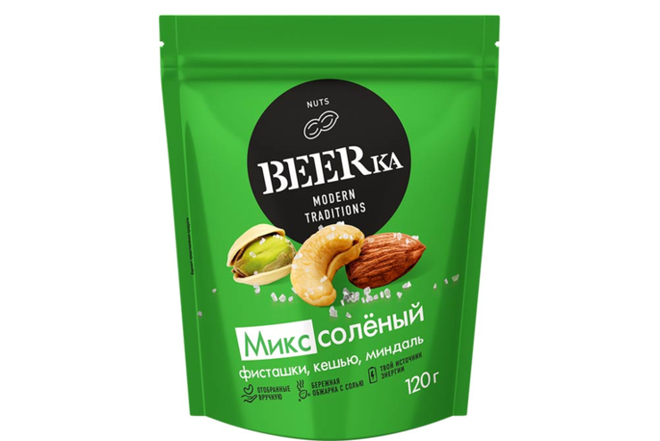 Микс соленый: фисташки, кешью, миндаль; жареные «Beerka», 120 г