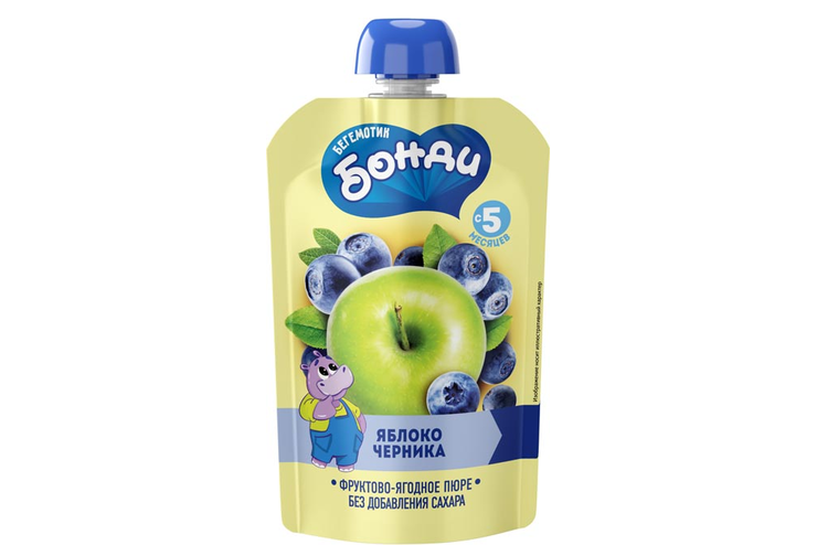 Пюре фруктовое «Яблоко и черника» «Бегемотик Бонди», 90 г