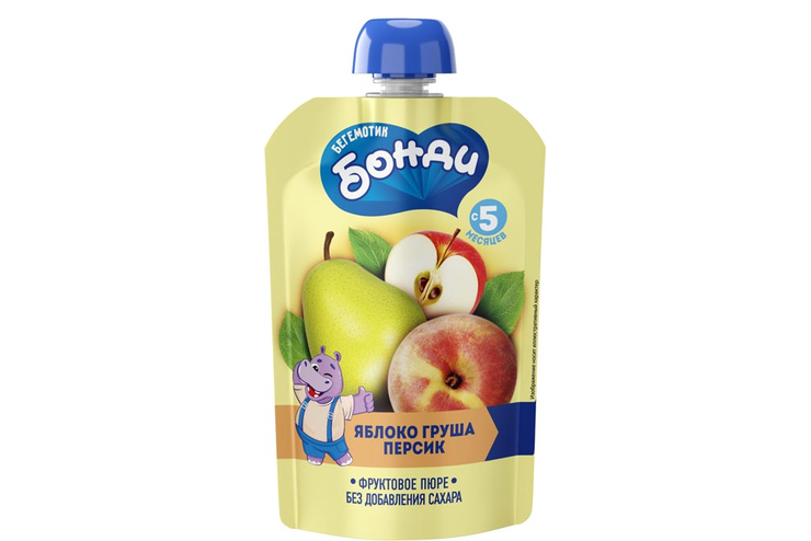 Пюре фруктовое «Яблоко, груша и персик» «Бегемотик Бонди», 90 г