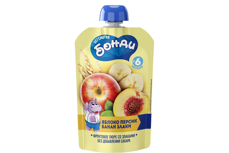 Пюре фруктовое «Яблоко, персик, банан, злаки» «Бегемотик Бонди», 90 г