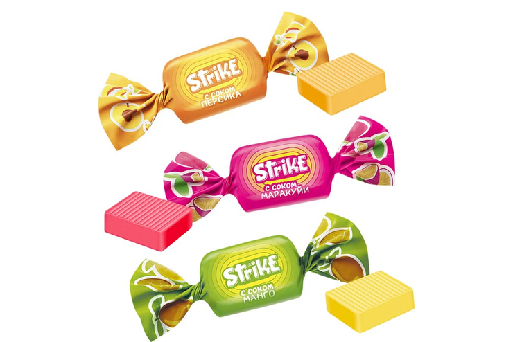 Жевательная конфета со вкусами манго, маракуйи и персика «Strike», 1 кг
