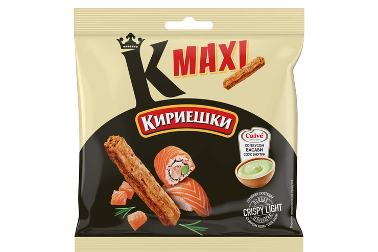 Сухарики со вкусом  роллов «Сяке маки» и с соусом со вкусом васаби «Calve» «Кириешки Maxi», 75 г Сухарики со вкусом  роллов «Сяке маки» и с соусом со вкусом васаби «Calve» «Кириешки Maxi», 75 г