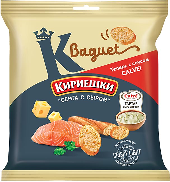«Кириешки Baguet», сухарики со вкусом «Семга с сыром» и с соусом тар ...